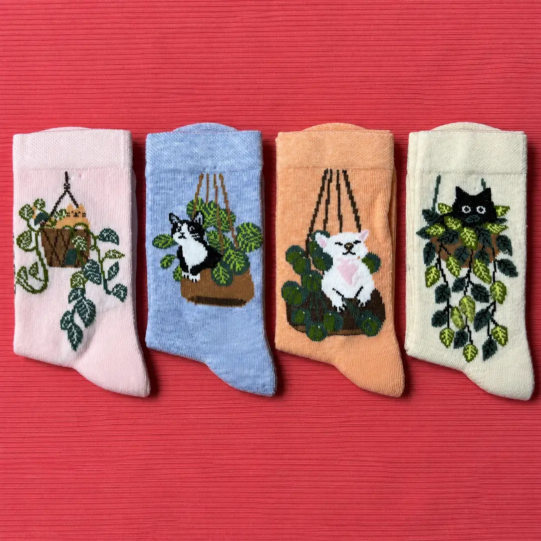 4'lü Set - Saksı ve Kedi Desenli Dikişsiz Çocuk Çorabı | Botanik Temalı Yumuşak Dokulu Eğlenceli Çorap