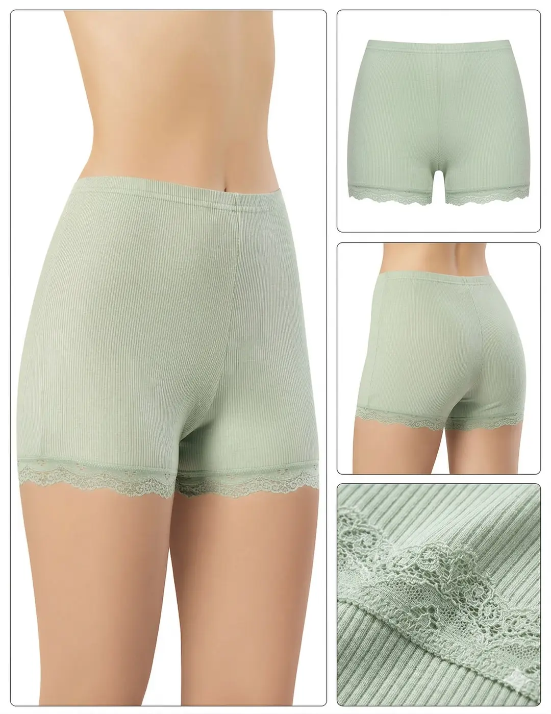 İncili Tekstil Kadın 3'lü Dantel Paçalı Fitilli Boxer Şort Seti - Siyah, Yeşil, Gri 3
