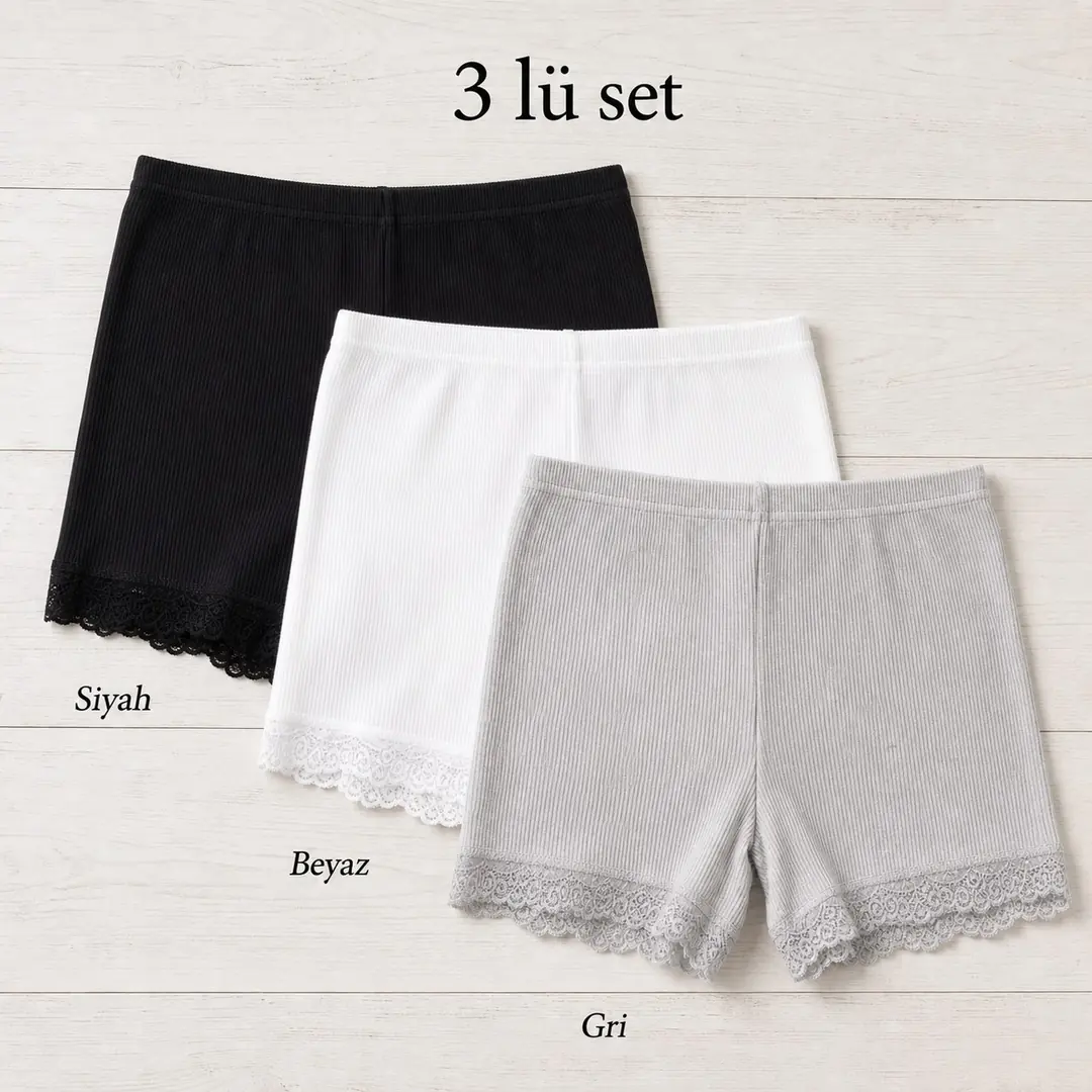 İncili Tekstil Kadın 3'lü Dantel Paçalı Fitilli Boxer Şort Seti - Siyah, Gri, Beyaz