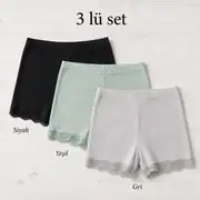 İncili Tekstil Kadın 3'lü Dantel Paçalı Fitilli Boxer Şort Seti - Siyah, Yeşil, Gri 1