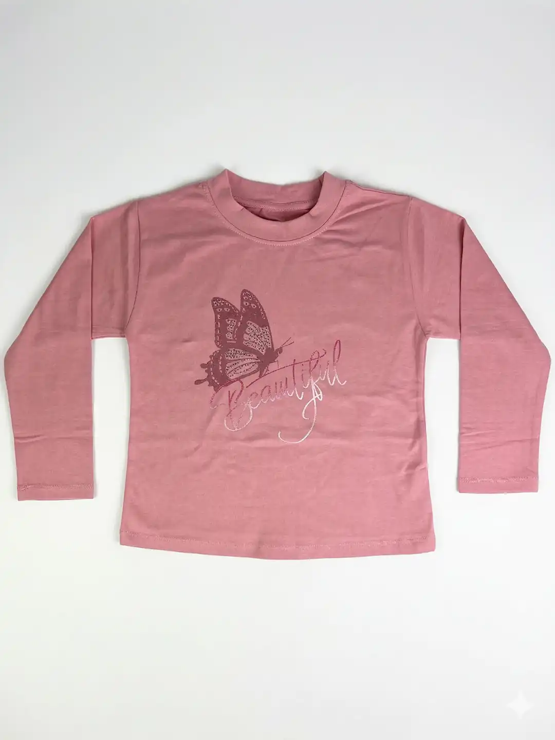 İncili Tekstil Kız Çocuk Pembe Kelebek Baskılı Sweatshirt - Gümüş Simli Detaylı İnce Penye Sweat 2