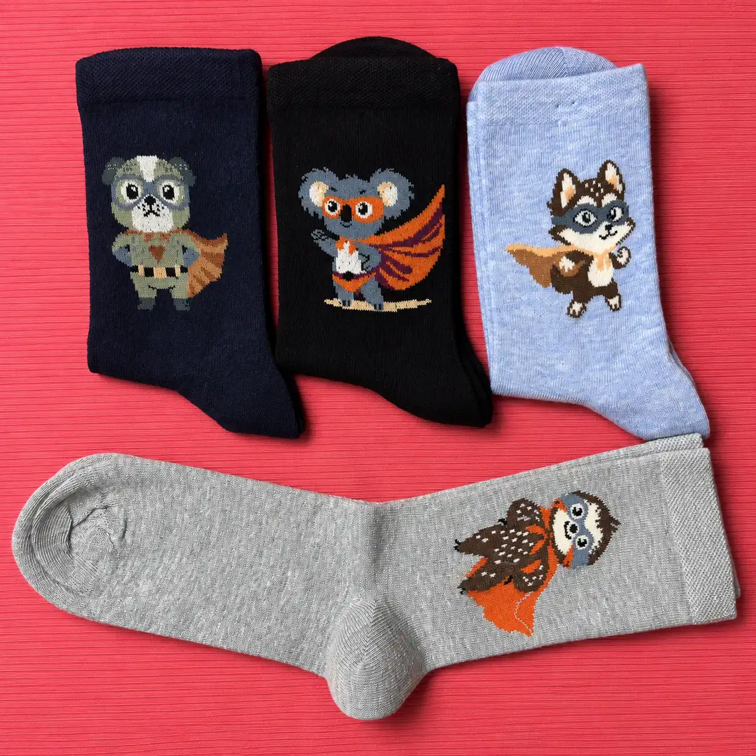4'lü Set - Süper Kahraman Hayvanlar Desenli Dikişsiz Çocuk Çorabı | Koala ve Tembel Hayvan Figürlü Yumuşak Çorap 3