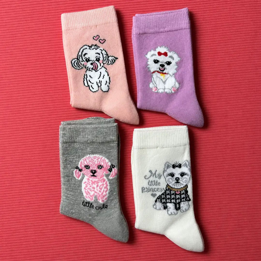 4'lü Set - Süslü Köpek Desenli Dikişsiz Çocuk Çorabı | My Little Princess Temalı Yumuşak Dokulu Kız Çorabı 3