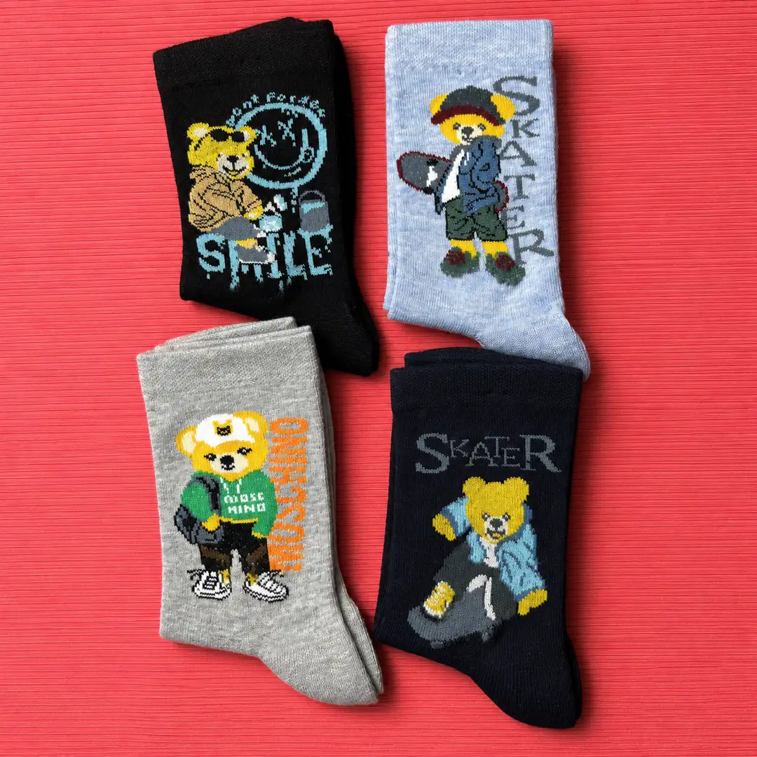 4'lü Set - Kaykaycı Ayıcık Desenli Dikişsiz Çocuk Çorabı | Sokak Stili Yumuşak Dokulu Cool Çorap Seti 3