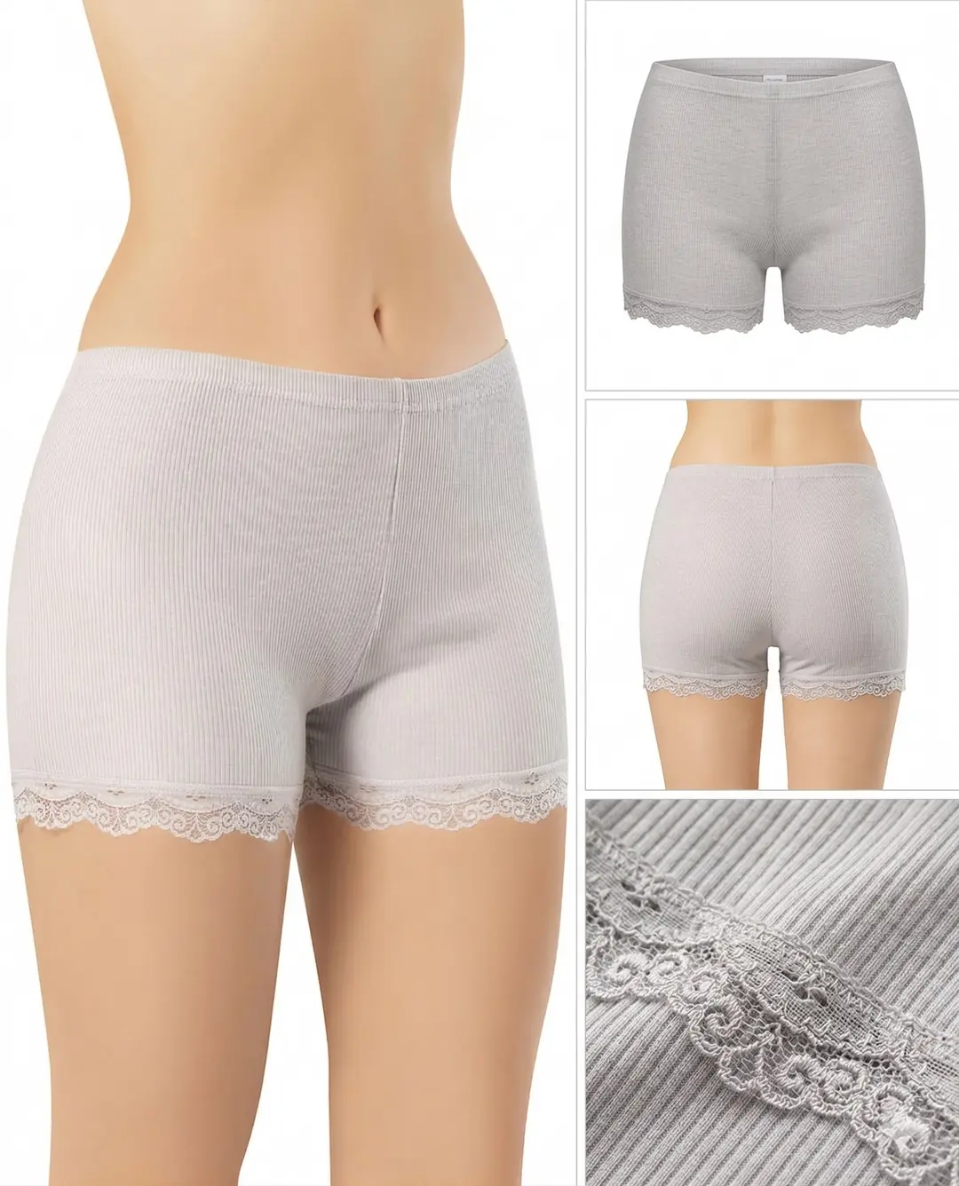İncili Tekstil Kadın 3'lü Dantel Paçalı Fitilli Boxer Şort Seti - Siyah, Ten, Gri 4