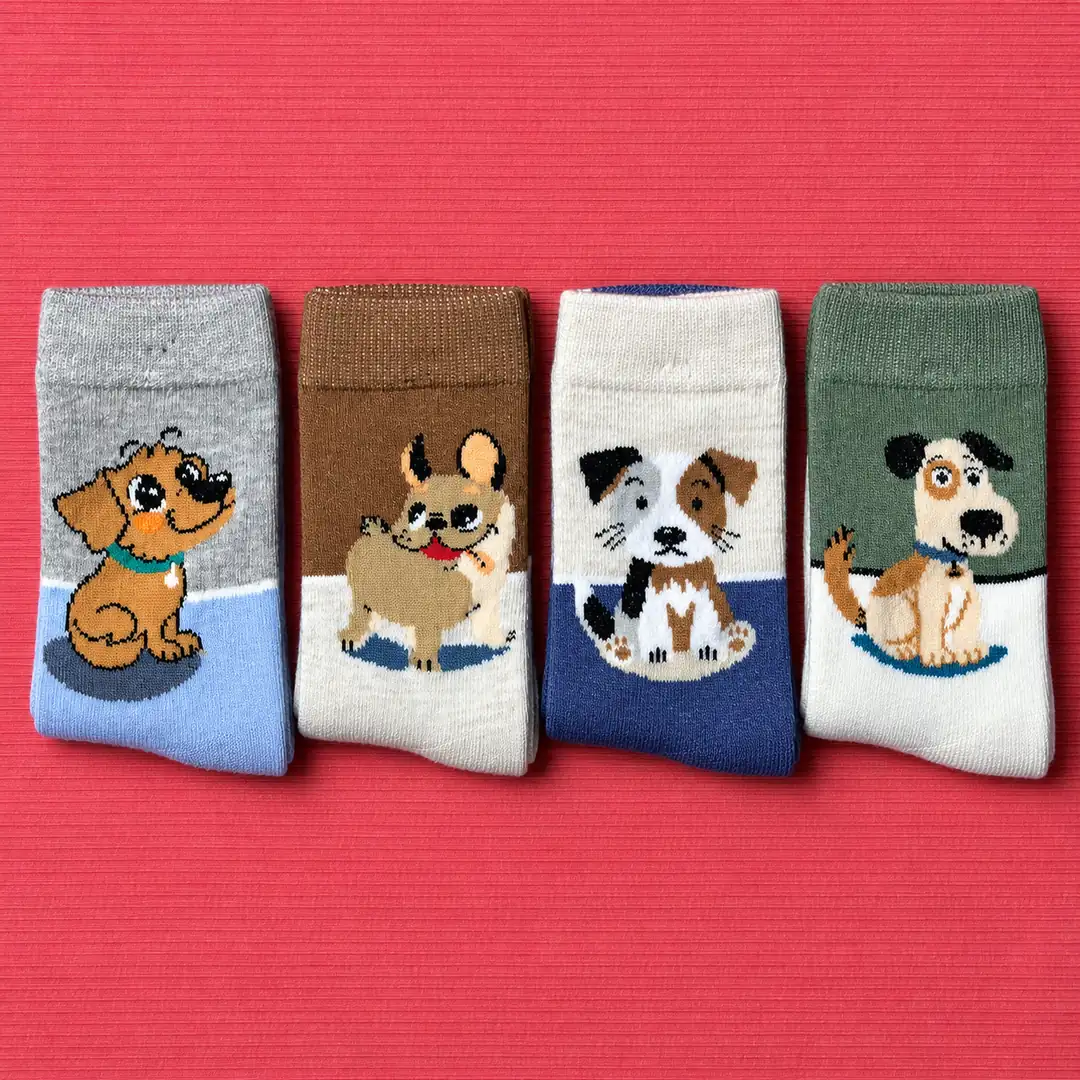4'lü Set - Sevimli Köpek Desenli Dikişsiz Çocuk Çorabı | Soft Yıkama Pamuksu Yumuşak Dokulu Çorap