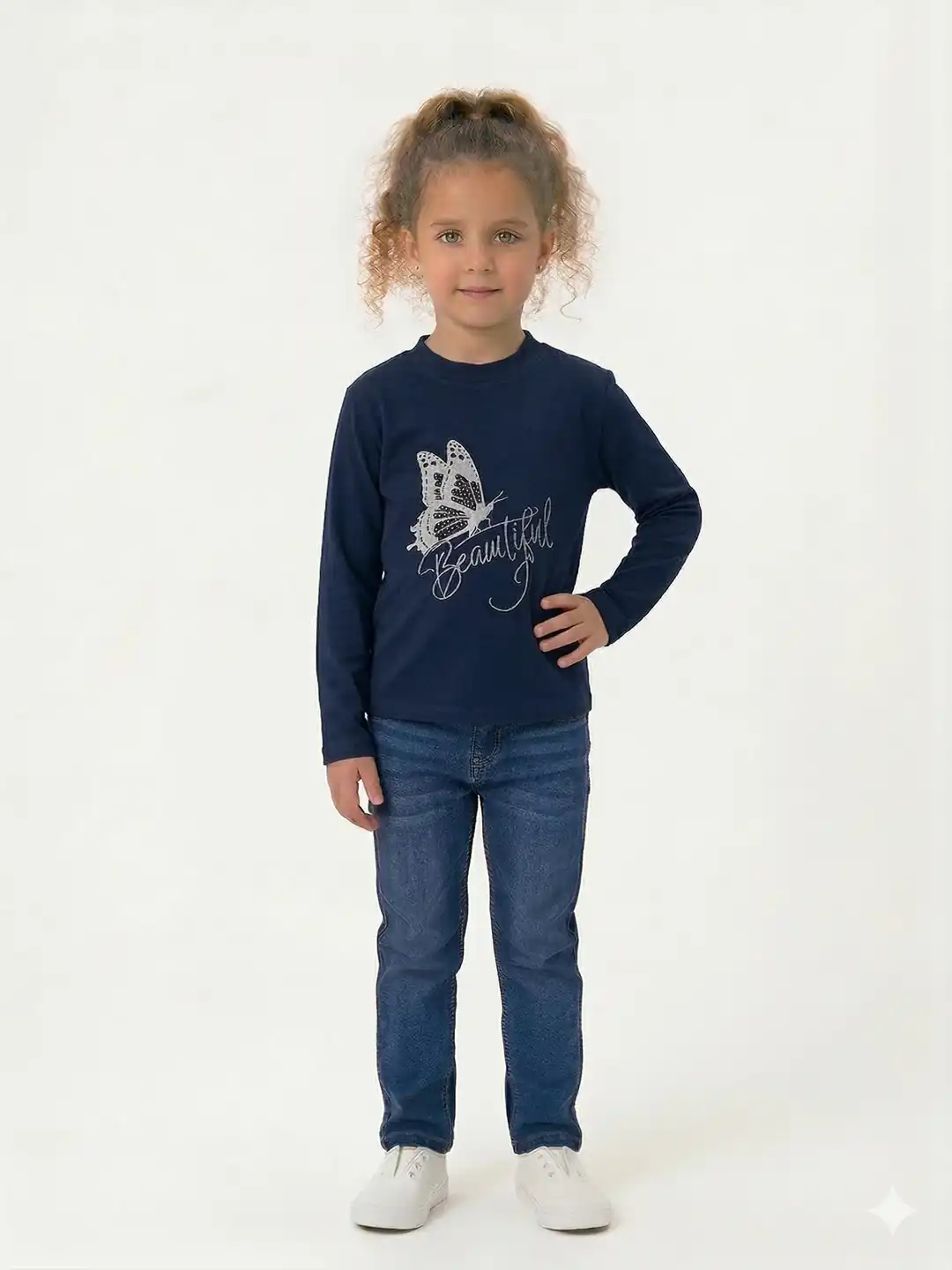 İncili Tekstil Kız Çocuk Lacivert Kelebek Baskılı Sweatshirt - Gümüş Simli Detaylı İnce Penye Sweat