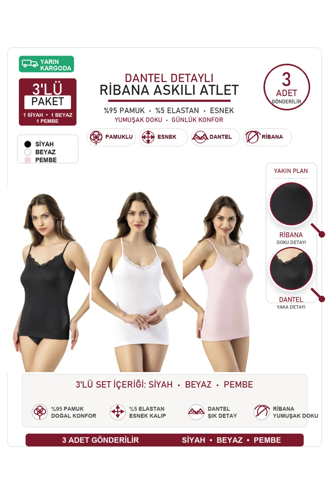 Kadın Ribana Pamuklu Dantelli İp Askılı Atlet 3'lü Set - Siyah-Beyaz-Pudra 1