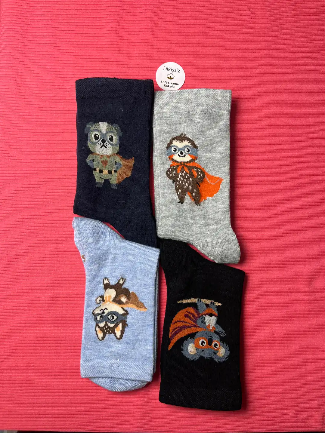 4'lü Set - Süper Kahraman Hayvanlar Desenli Dikişsiz Çocuk Çorabı | Koala ve Tembel Hayvan Figürlü Yumuşak Çorap