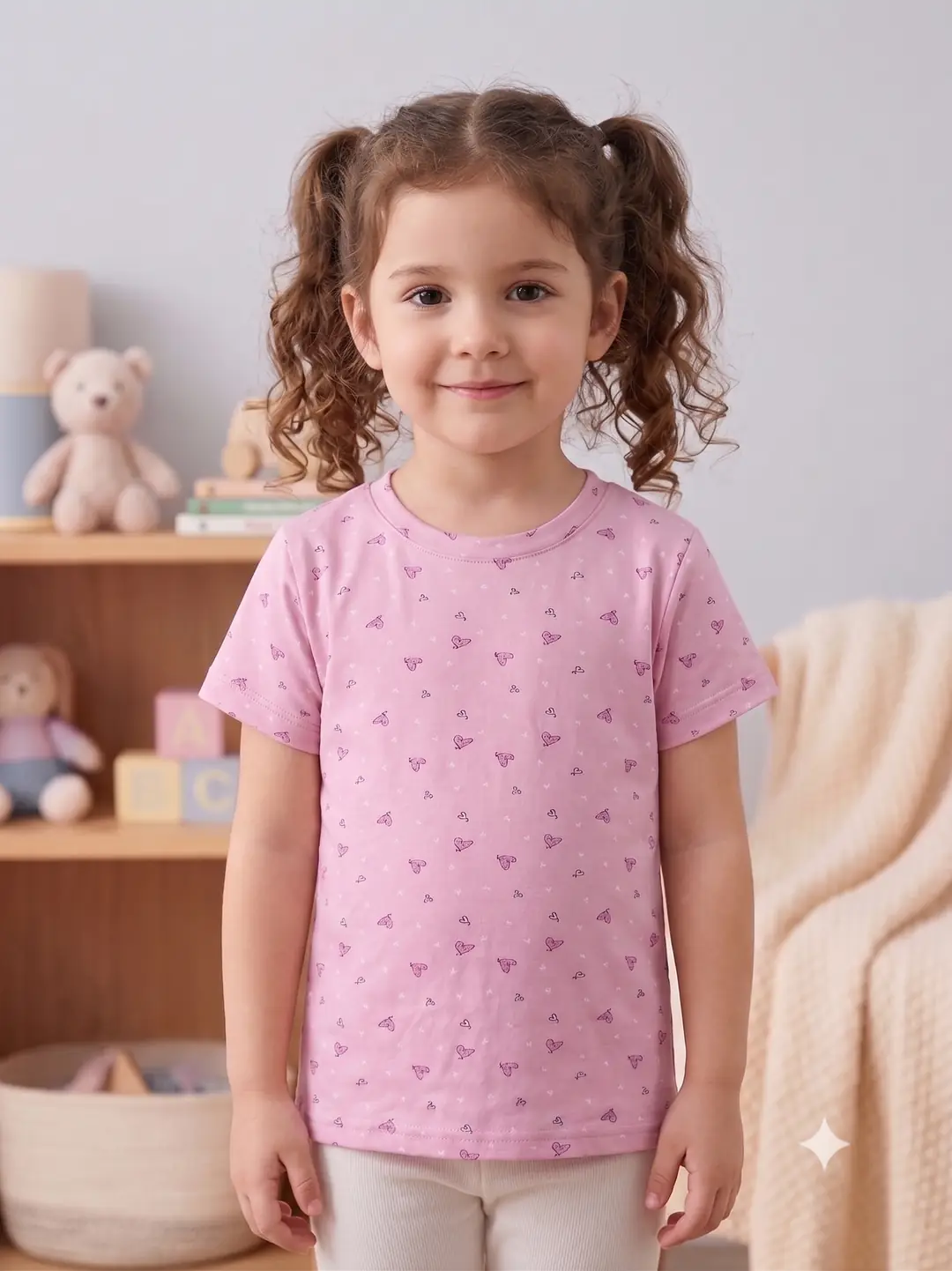 İncili Tekstil Kız Çocuk Pembe Renk Kalp Desenli Pamuklu Tişört 1