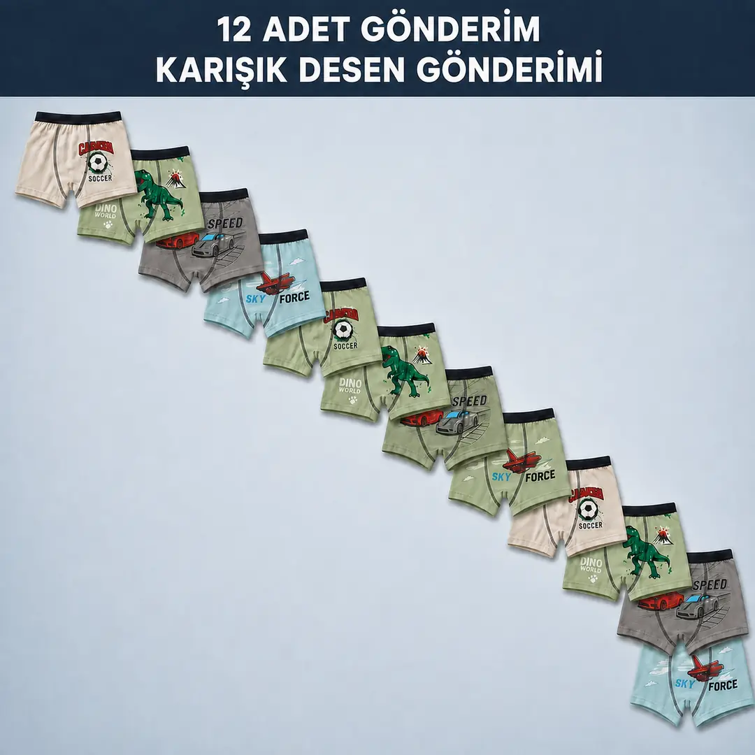 Erkek Çocuk Pamuklu 12'li Paket Karışık Desenli Boxer Seti