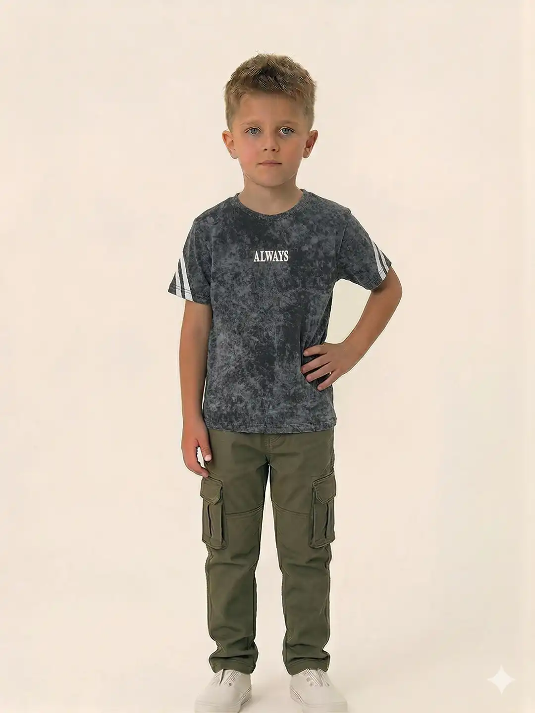 İncili Tekstil Erkek Çocuk Vintage Görünümlü Antrasit T-shirt - Retro Şerit Detaylı Grafik Baskılı Üst