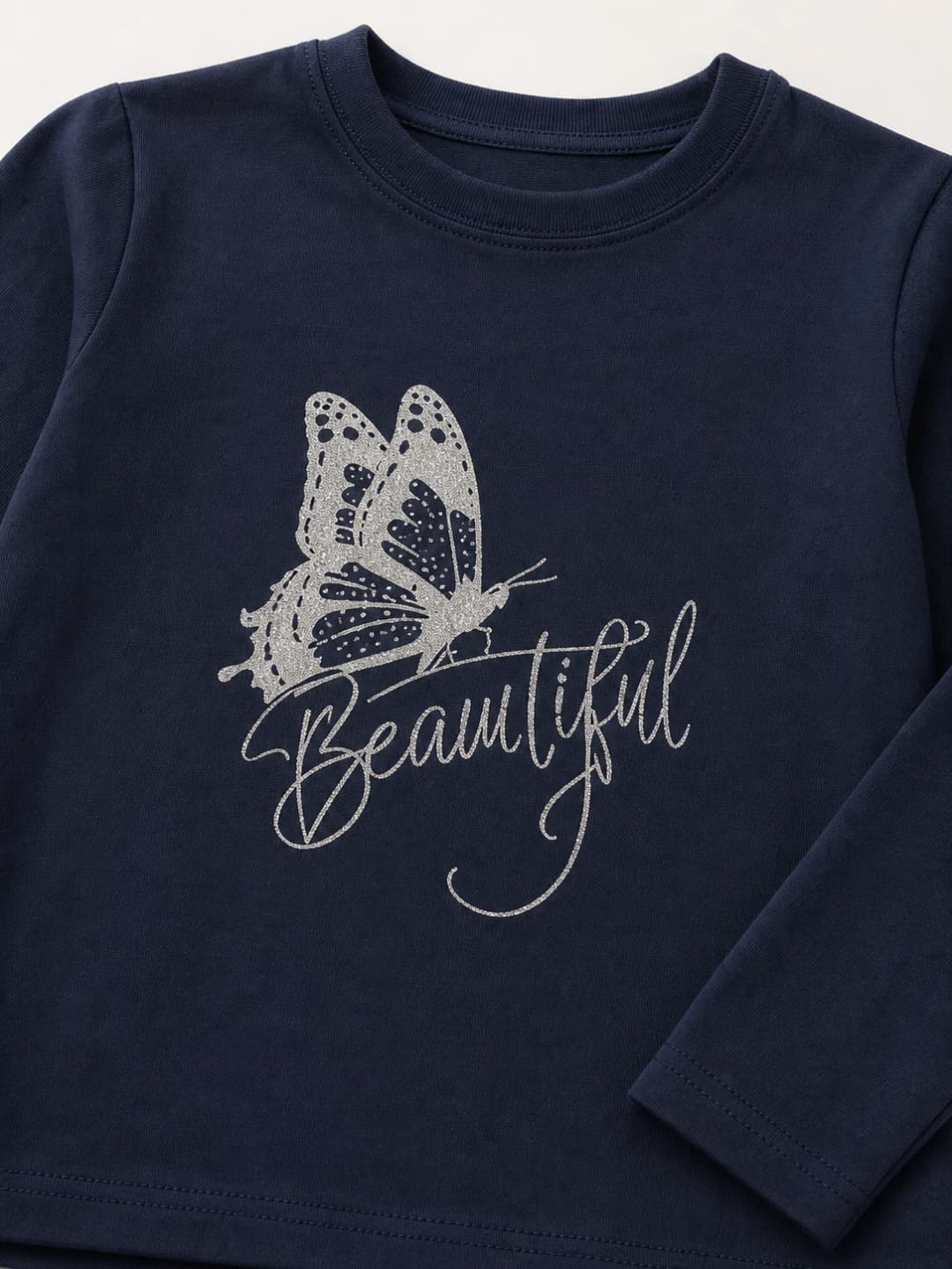 İncili Tekstil Kız Çocuk Lacivert Kelebek Baskılı Sweatshirt - Gümüş Simli Detaylı İnce Penye Sweat 3