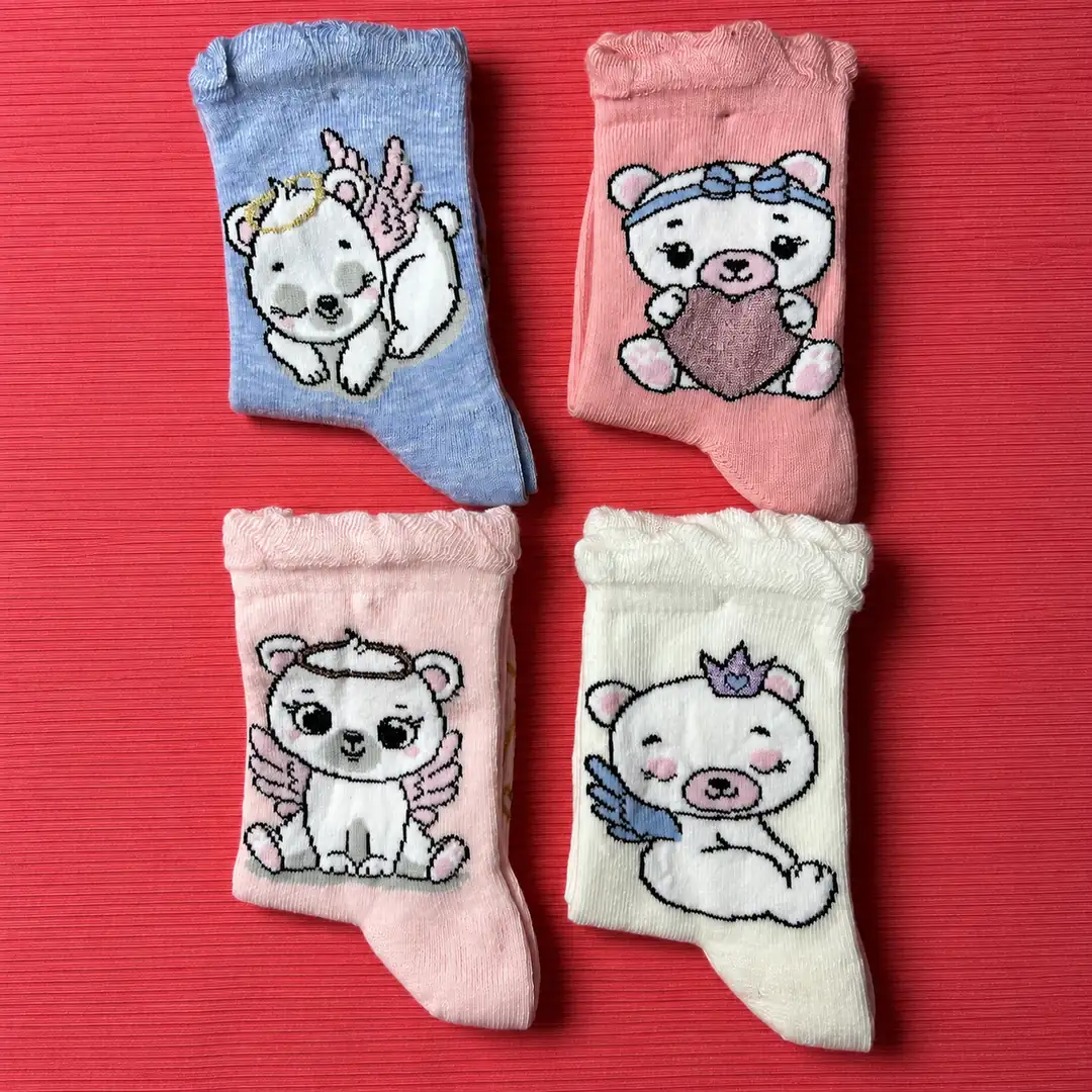 4'lü Set - Melek Ayıcık Desenli Fırfırlı Dikişsiz Çocuk Çorabı | Yumuşak Dokulu Sevimli Kız Bebek/Çocuk 2