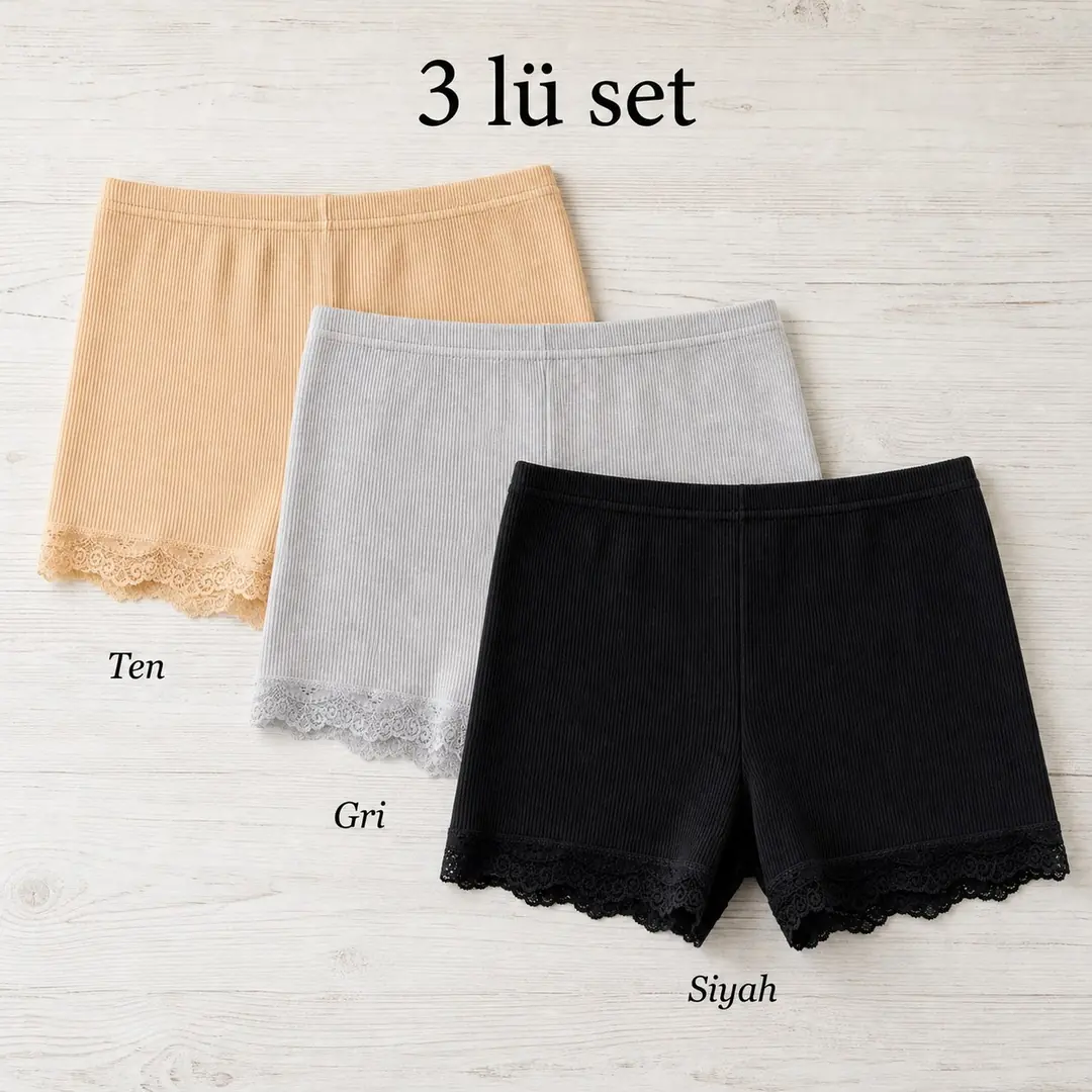 İncili Tekstil Kadın 3'lü Dantel Paçalı Fitilli Boxer Şort Seti - Siyah, Ten, Gri