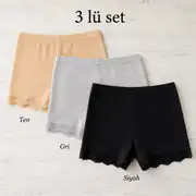 İncili Tekstil Kadın 3'lü Dantel Paçalı Fitilli Boxer Şort Seti - Siyah, Ten, Gri 1