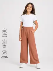 İncili Tekstil Kız Çocuk Somon Geniş Paça Bubble Dokulu Cepli Pantolon - Rahat Kesim Tek Alt 1