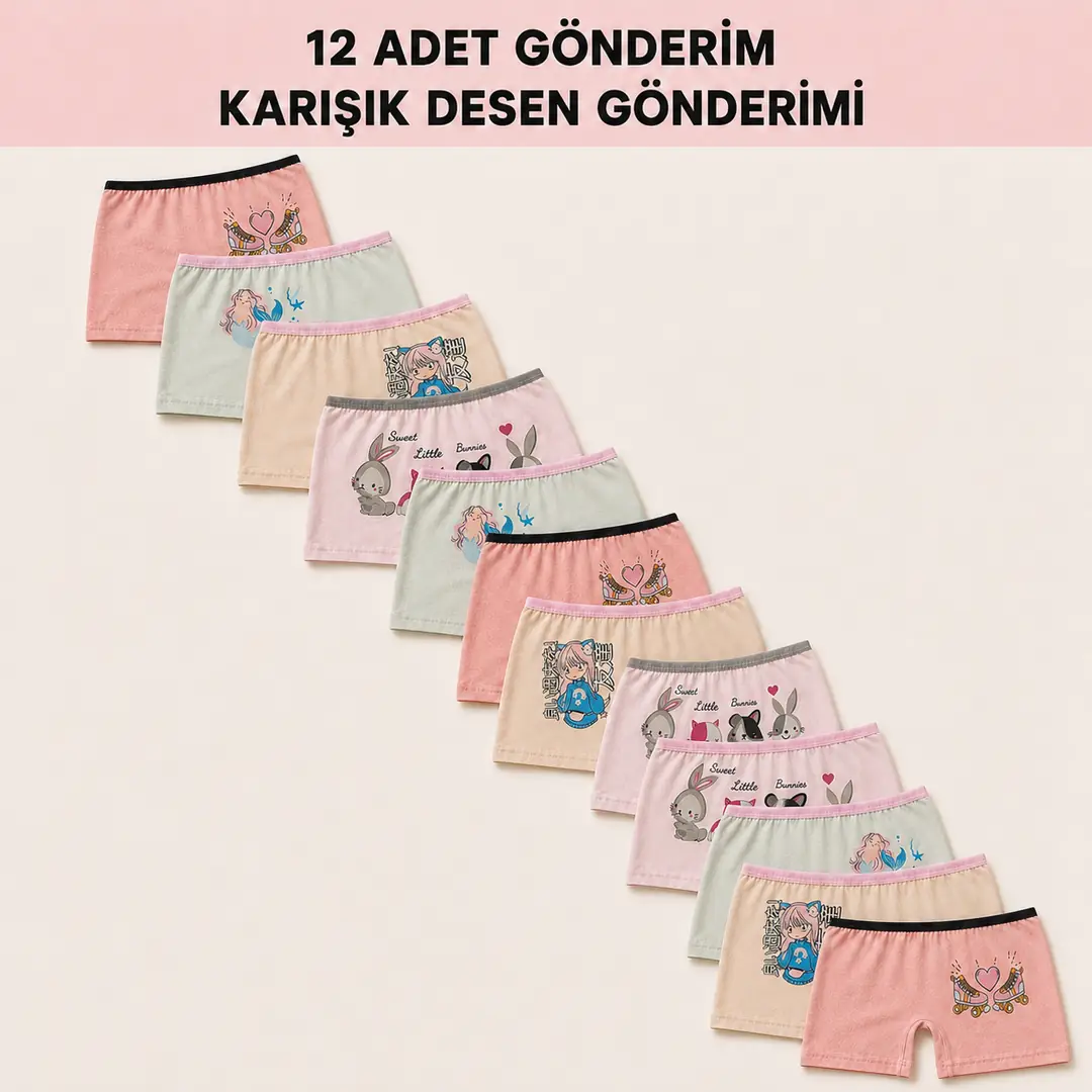 Kız Çocuk Pamuklu 12'li Paket Karışık Desenli Boxer Şort Külot Seti