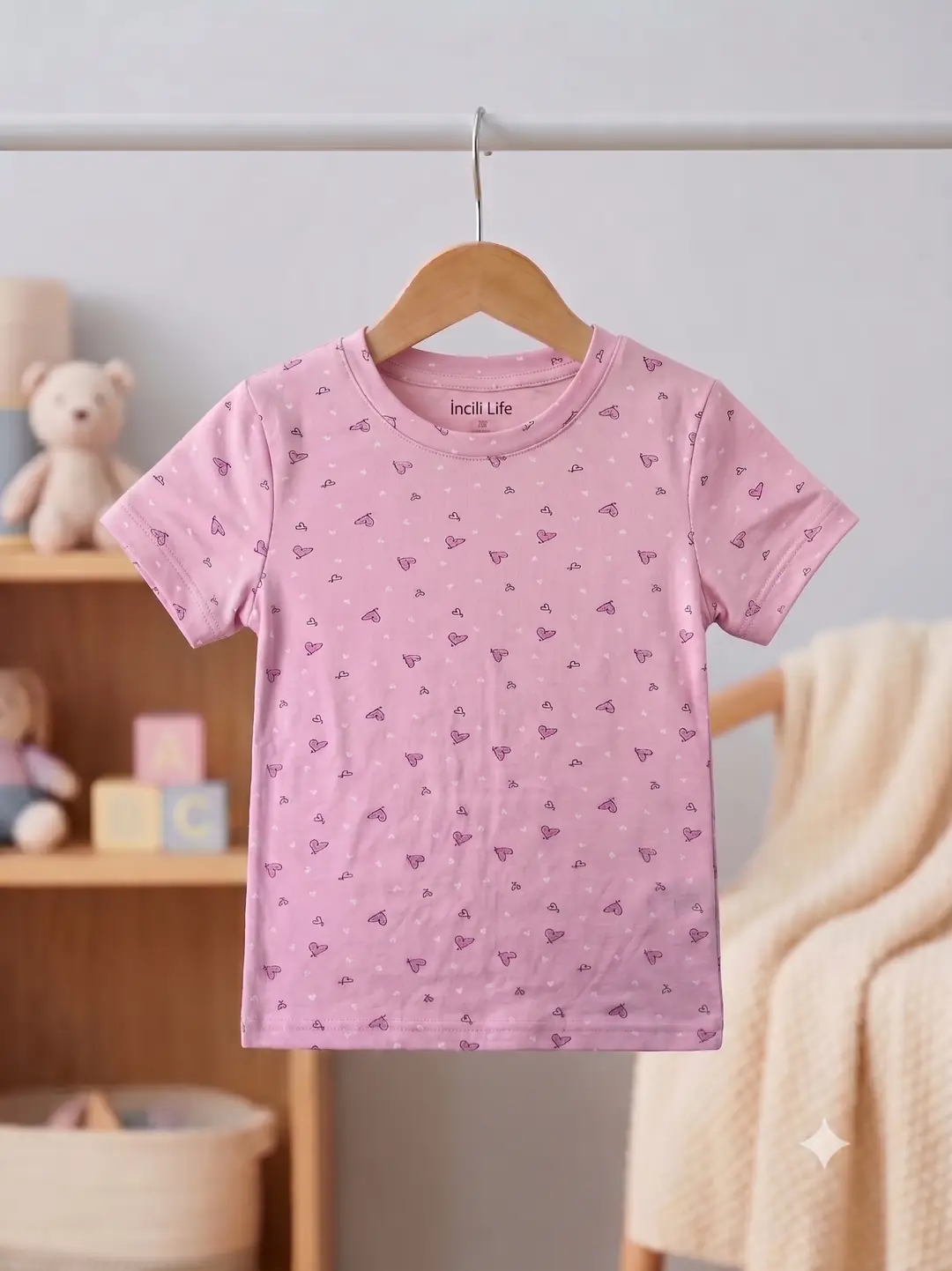 İncili Tekstil Kız Çocuk Pembe Renk Kalp Desenli Pamuklu Tişört 2