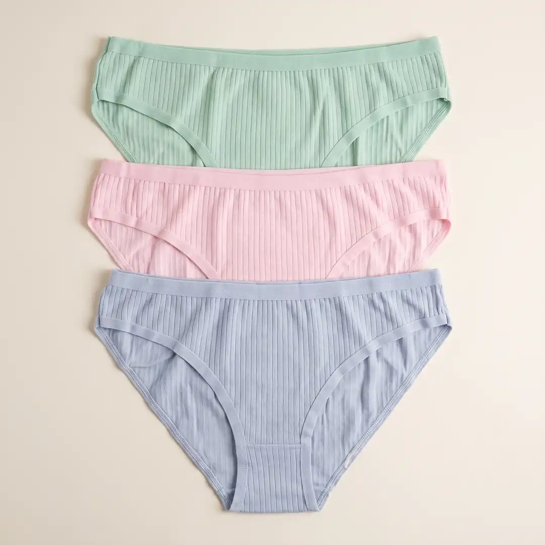 Kadın Pudra Pembe Çağla Yeşili Açık Mavi Ribana (Fitilli) Pamuklu 3'lü Bikini Külot Seti