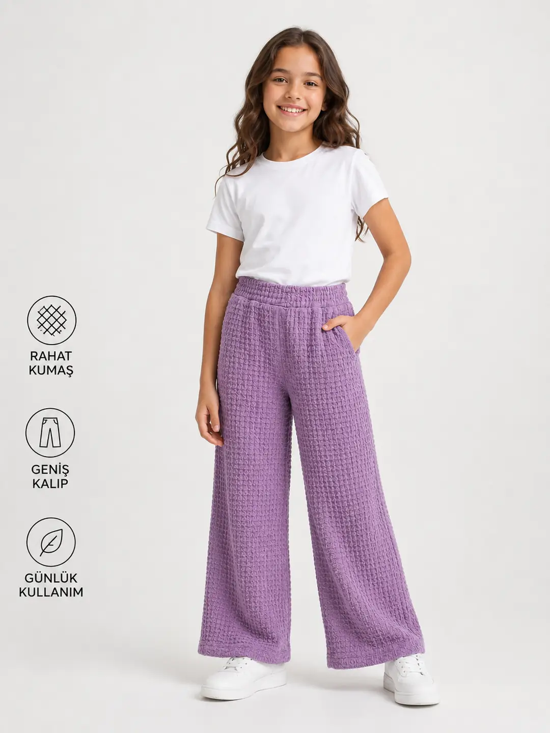 İncili Tekstil Kız Çocuk Lila Geniş Paça Bubble Dokulu Cepli Pantolon - Rahat Kesim Tek Alt