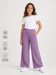 İncili Tekstil Kız Çocuk Lila Geniş Paça Bubble Dokulu Cepli Pantolon - Rahat Kesim Tek Alt 1