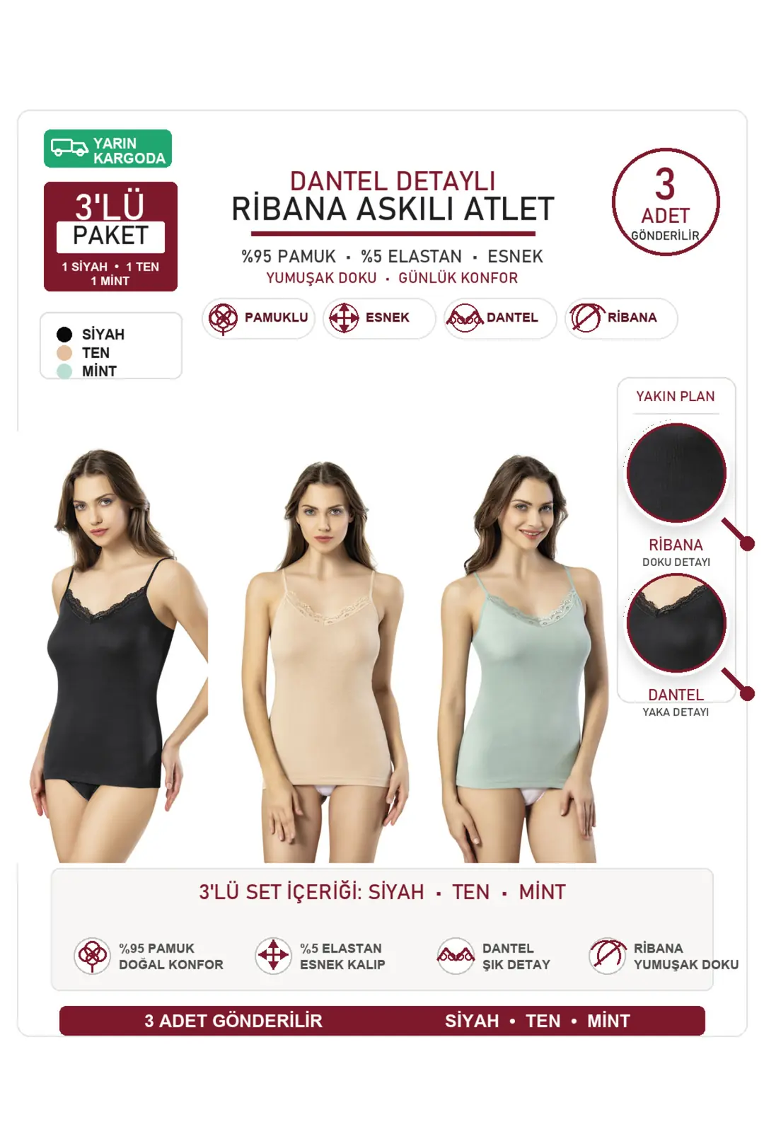 Kadın Ribana Pamuklu Dantelli İp Askılı Atlet 3'lü Set - Siyah-Ten-Çağla