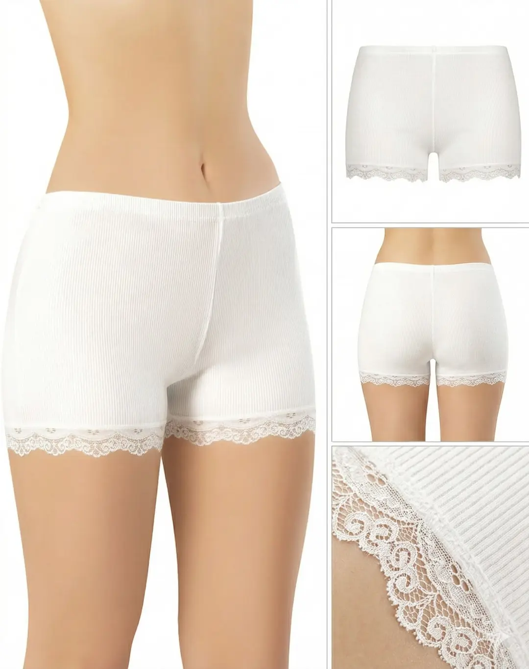 İncili Tekstil Kadın 3'lü Dantel Paçalı Fitilli Boxer Şort Seti - Siyah, Gri, Beyaz 4