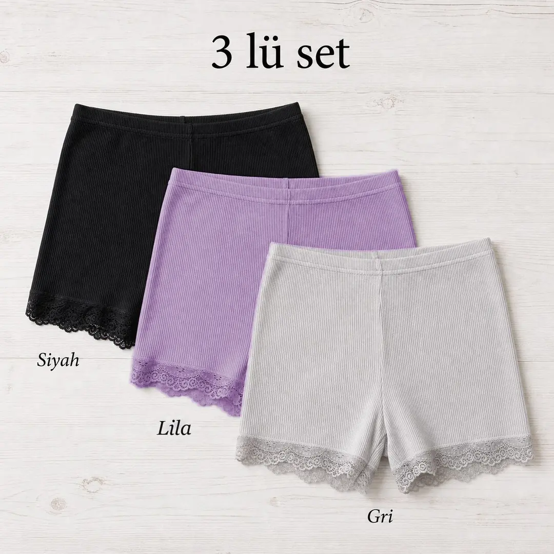 İncili Tekstil Kadın 3'lü Dantel Paçalı Fitilli Boxer Şort Seti - Siyah, Gri, Lila