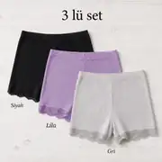 İncili Tekstil Kadın 3'lü Dantel Paçalı Fitilli Boxer Şort Seti - Siyah, Gri, Lila 1