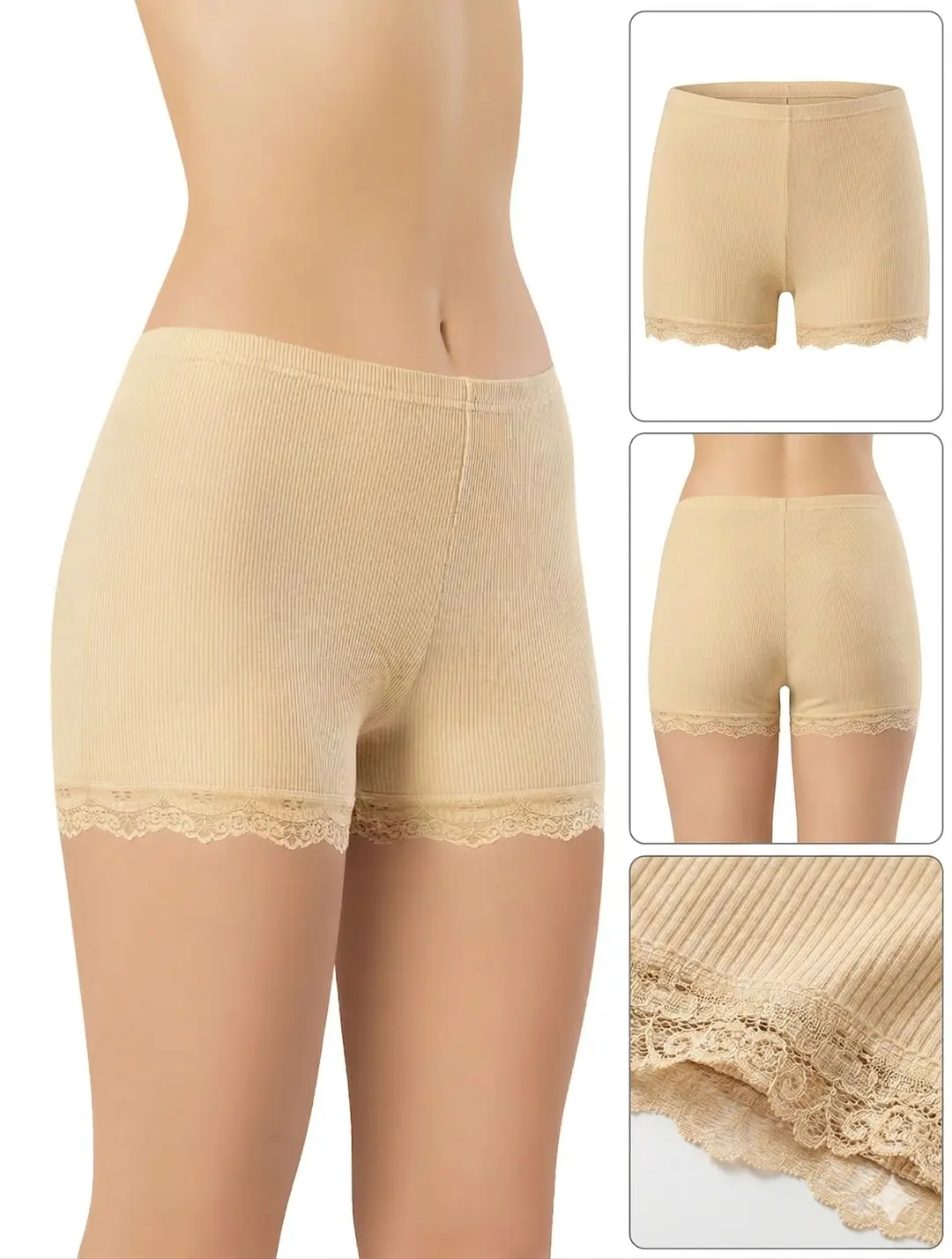 İncili Tekstil Kadın 3'lü Dantel Paçalı Fitilli Boxer Şort Seti - Siyah, Ten, Gri 3