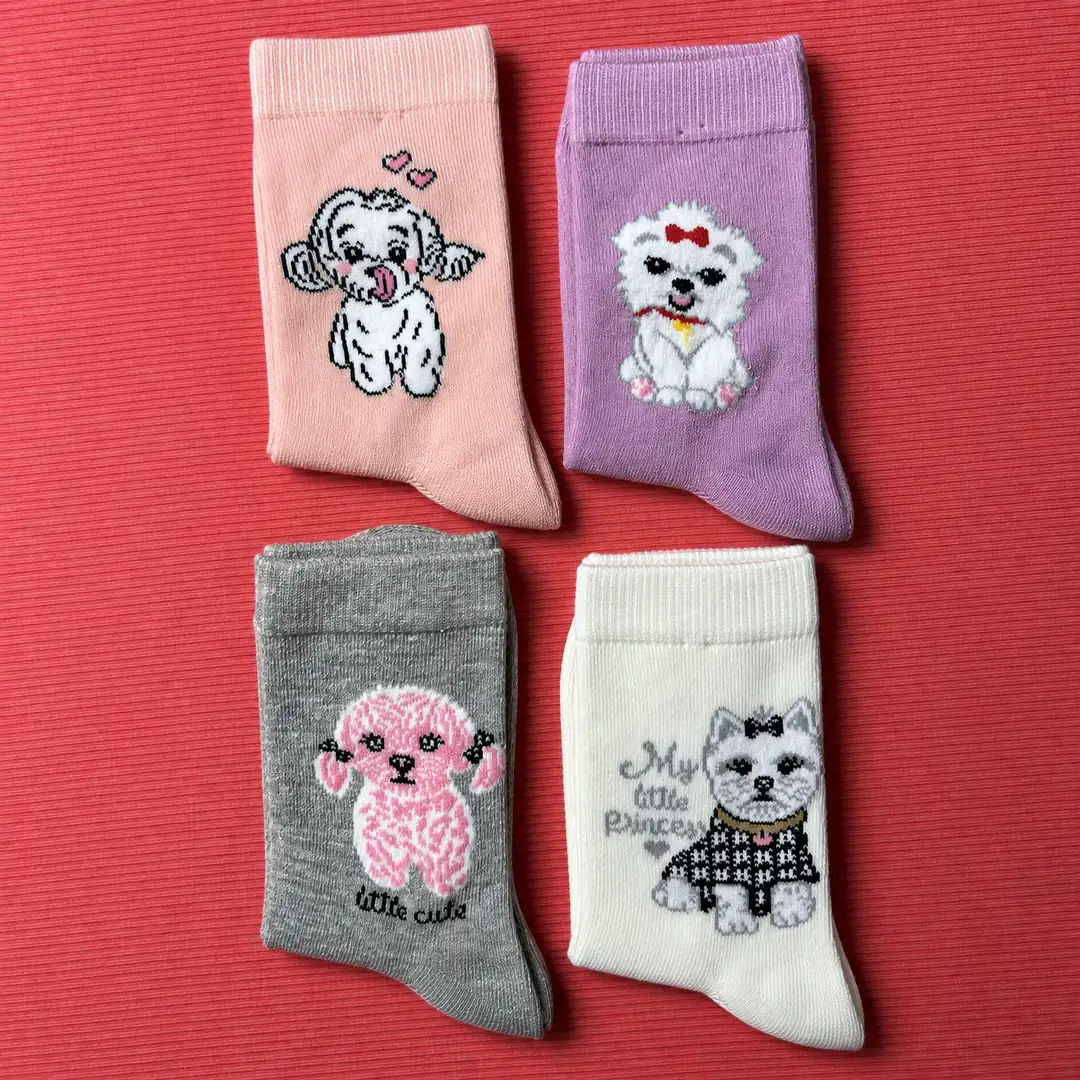 4'lü Set - Süslü Köpek Desenli Dikişsiz Çocuk Çorabı | My Little Princess Temalı Yumuşak Dokulu Kız Çorabı 2