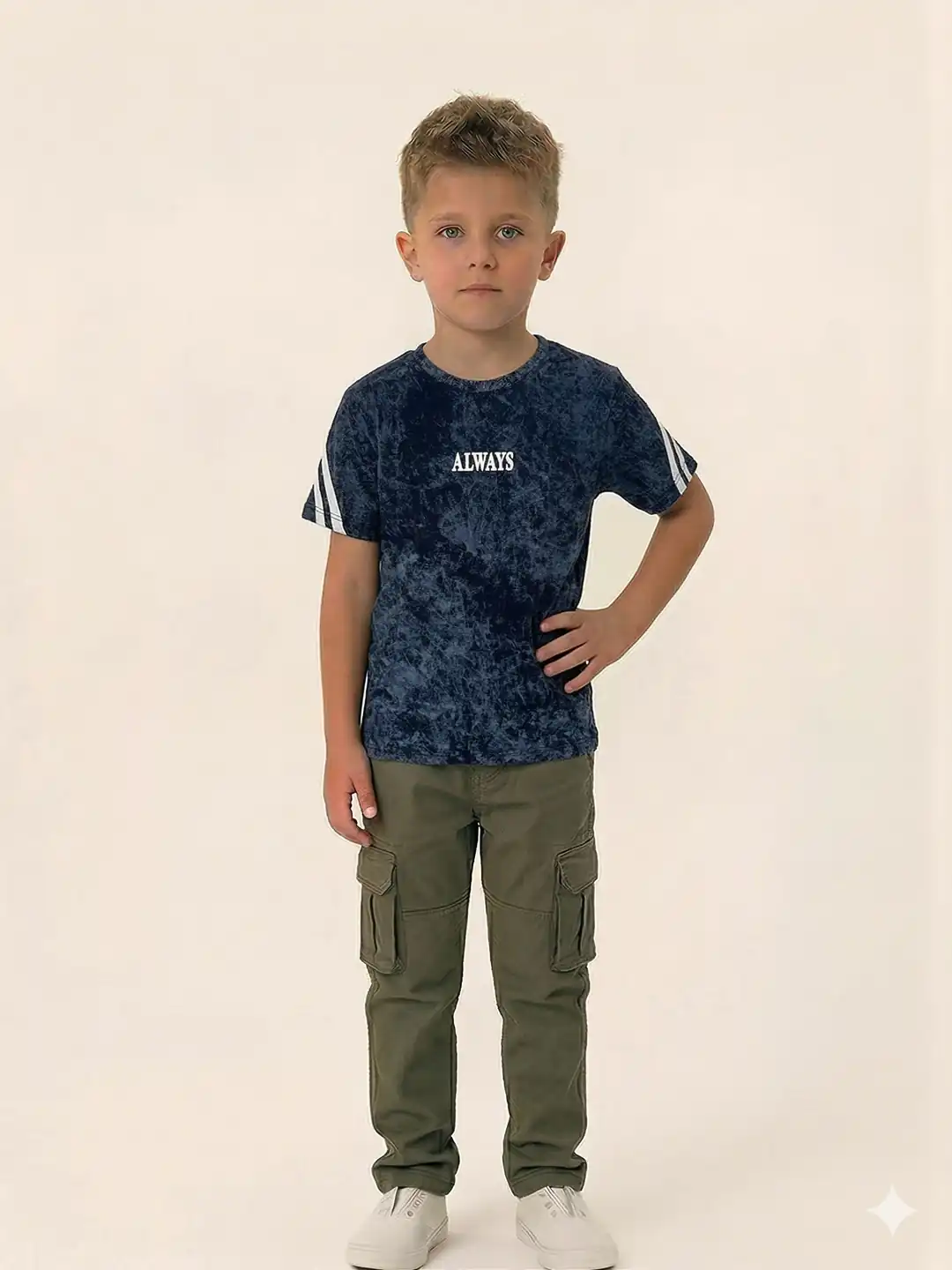 İncili Tekstil Erkek Çocuk Vintage Görünümlü Lacivert T-shirt - Retro Şerit Detaylı Grafik Baskılı Üst