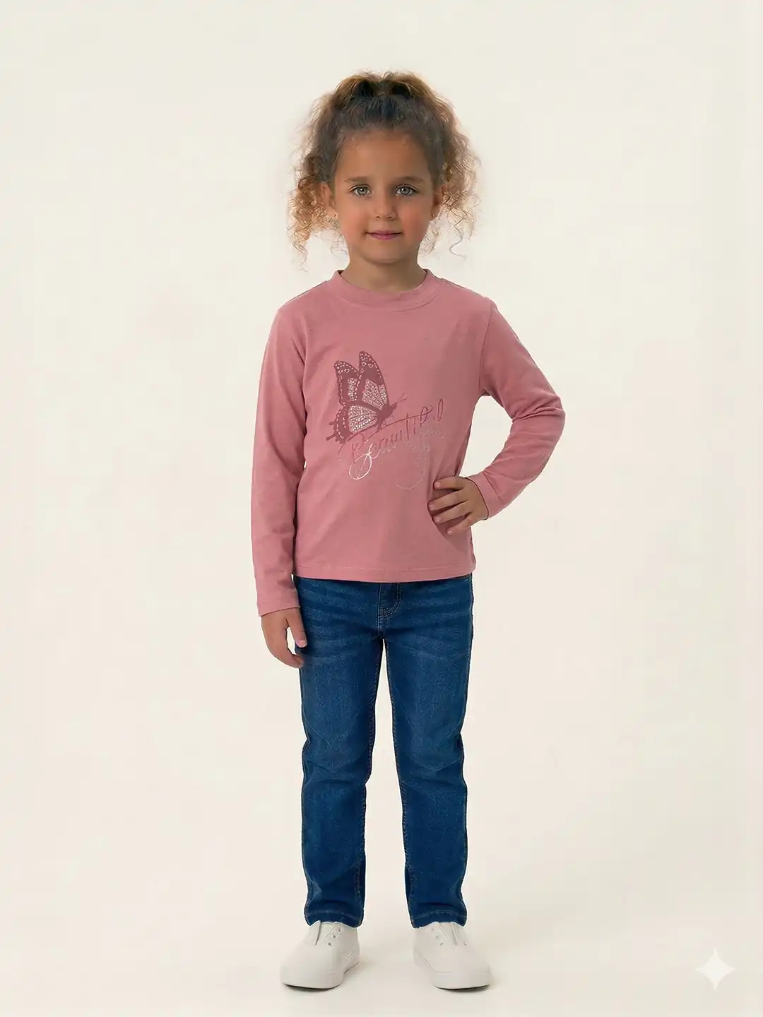 İncili Tekstil Kız Çocuk Pembe Kelebek Baskılı Sweatshirt - Gümüş Simli Detaylı İnce Penye Sweat