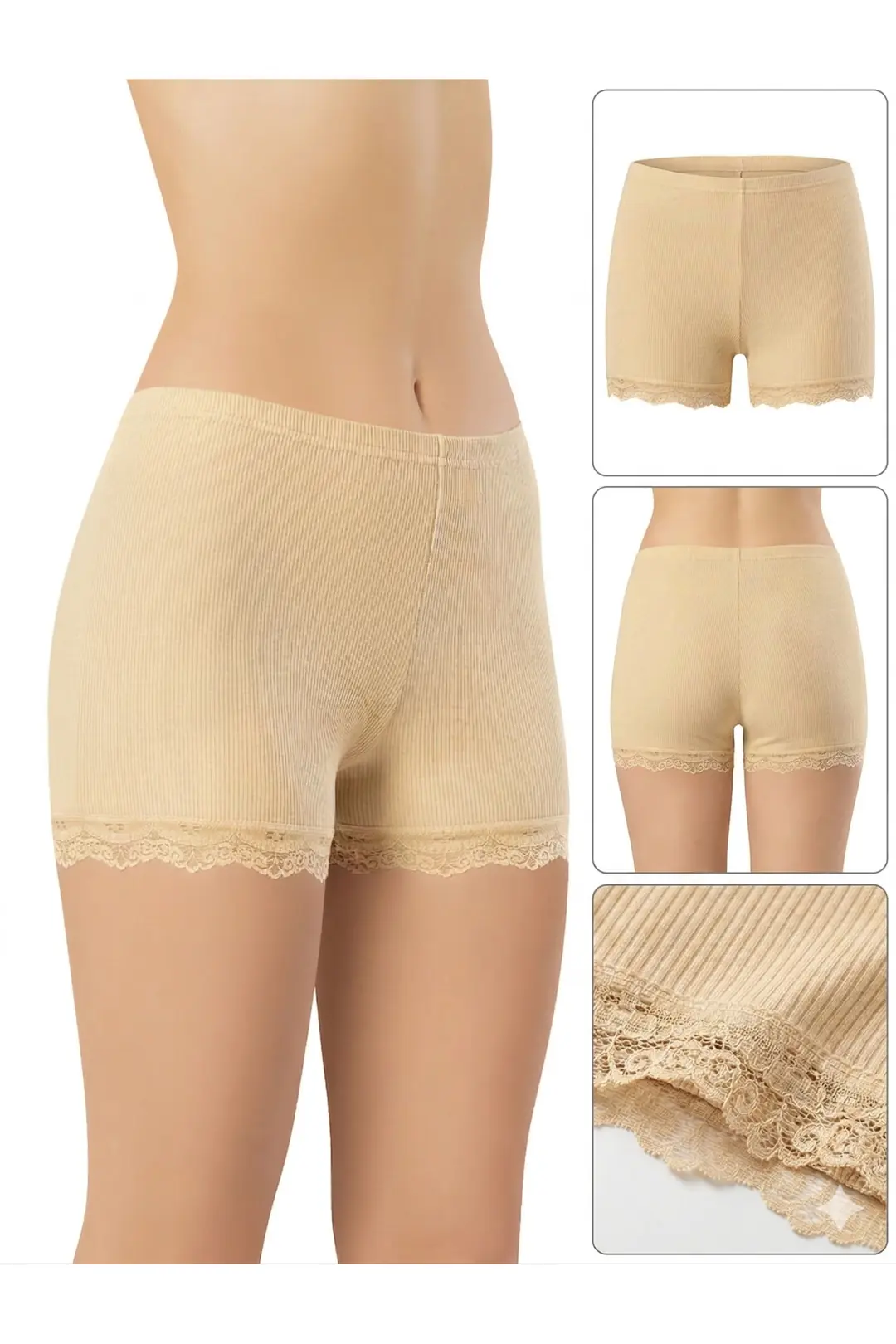 Kadın 3'lü Dantel Paçalı Fitilli Boxer Şort - Pamuklu Esnek Ribana Boxer (Çağla, Pudra, Ten) XL 4