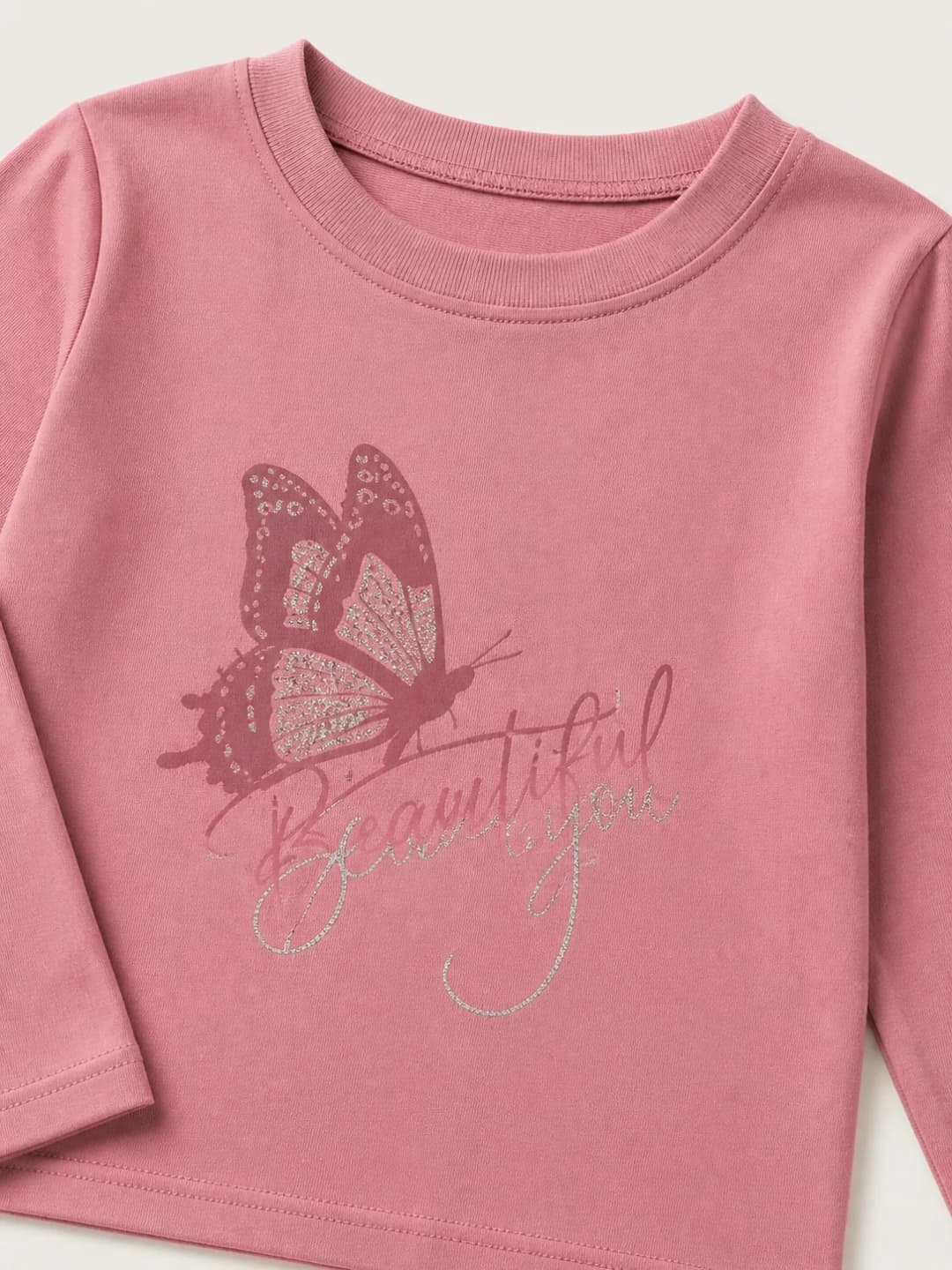 İncili Tekstil Kız Çocuk Pembe Kelebek Baskılı Sweatshirt - Gümüş Simli Detaylı İnce Penye Sweat 3