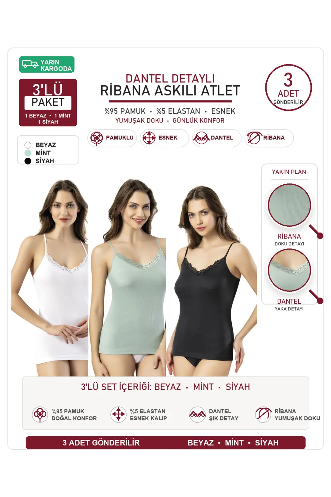 Kadın Ribana Pamuklu Dantelli İp Askılı Atlet 3'lü Set - Siyah-Beyaz-Çağla 1