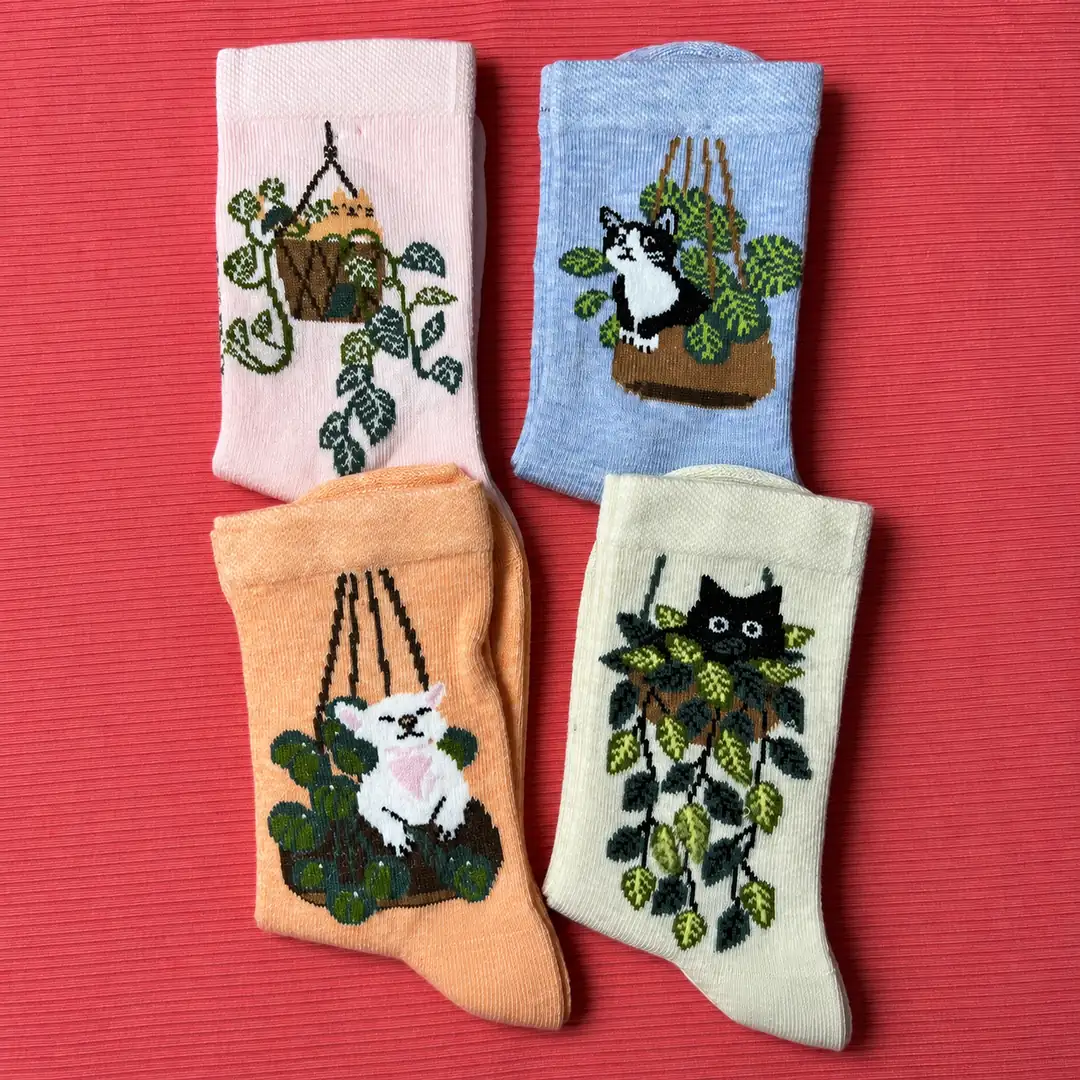 4'lü Set - Saksı ve Kedi Desenli Dikişsiz Çocuk Çorabı | Botanik Temalı Yumuşak Dokulu Eğlenceli Çorap 3