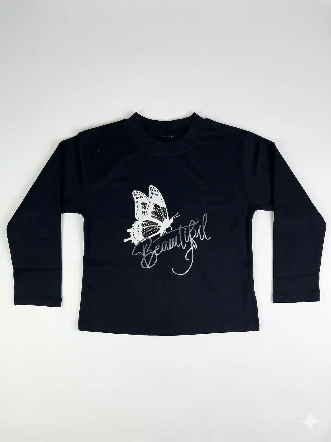 İncili Tekstil Kız Çocuk Lacivert Kelebek Baskılı Sweatshirt - Gümüş Simli Detaylı İnce Penye Sweat 2