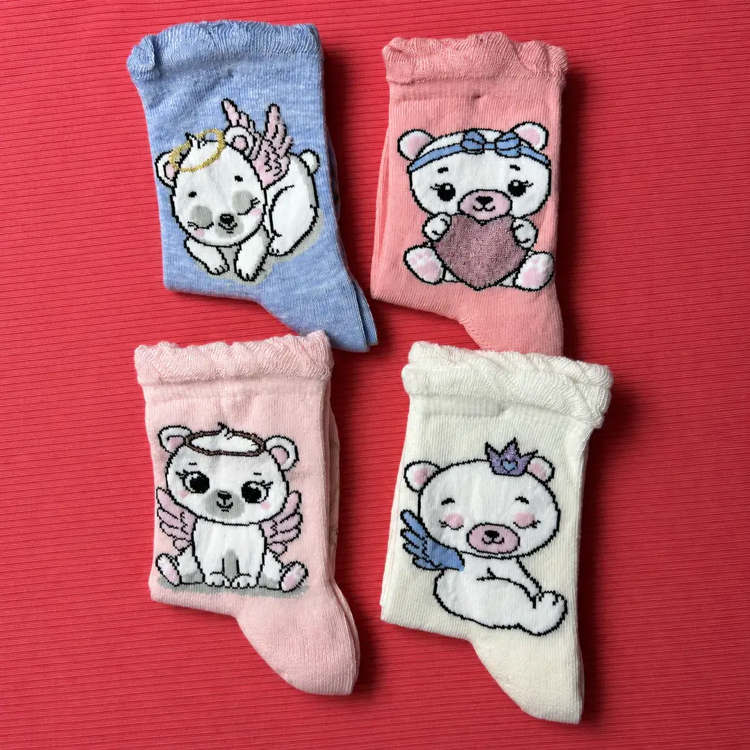4'lü Set - Melek Ayıcık Desenli Fırfırlı Dikişsiz Çocuk Çorabı | Yumuşak Dokulu Sevimli Kız Bebek/Çocuk 3