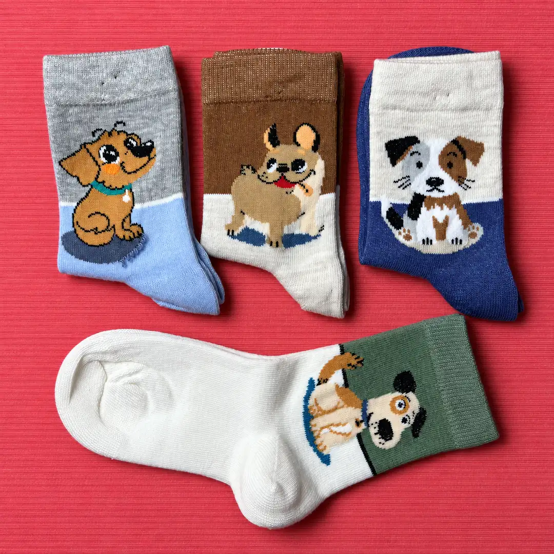 4'lü Set - Sevimli Köpek Desenli Dikişsiz Çocuk Çorabı | Soft Yıkama Pamuksu Yumuşak Dokulu Çorap 2