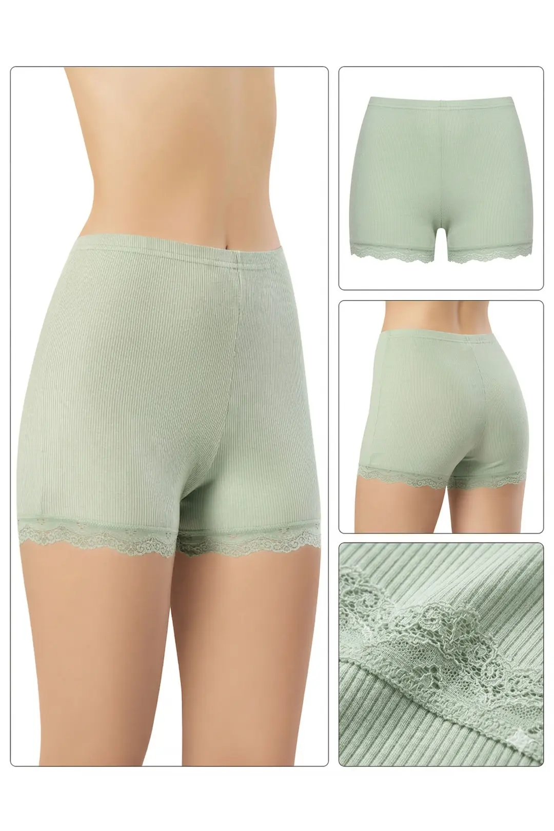 Kadın 3'lü Dantel Paçalı Fitilli Boxer Şort - Pamuklu Esnek Ribana Boxer (Çağla, Pudra, Ten) XL 2