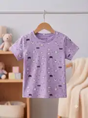 İncili Tekstil Kız Çocuk Lila Rengi Kedi Desenli Pamuklu Tişört 2