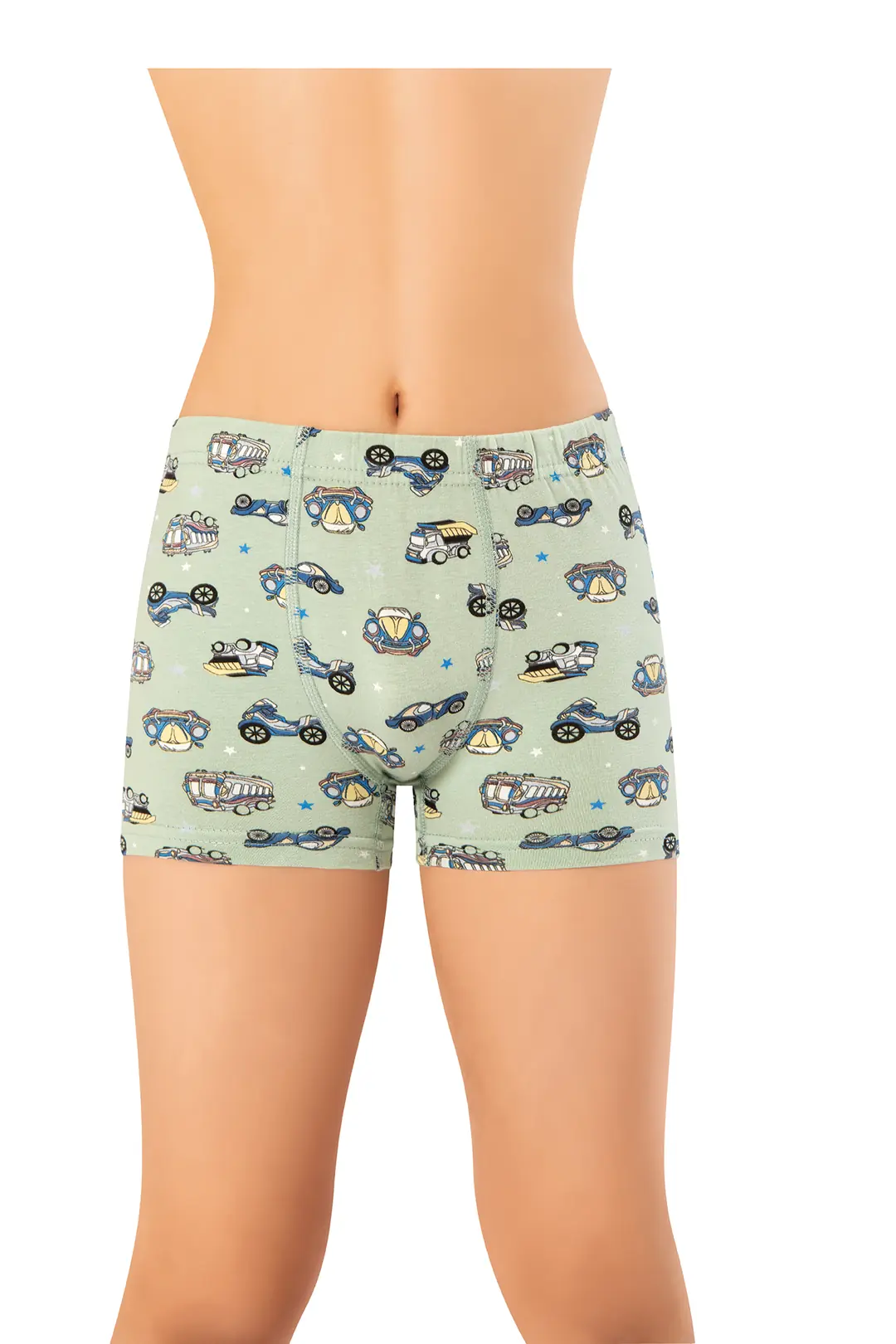 Erkek Çocuk Mint Araçlar Desenli Pamuklu Boxer