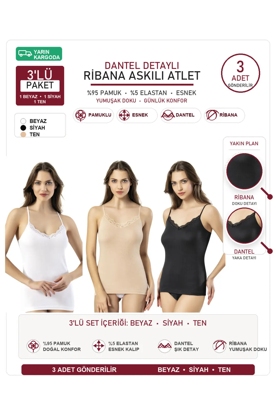 Kadın Ribana Pamuklu Dantelli İp Askılı Atlet 3'lü Set - Siyah-Beyaz-Ten