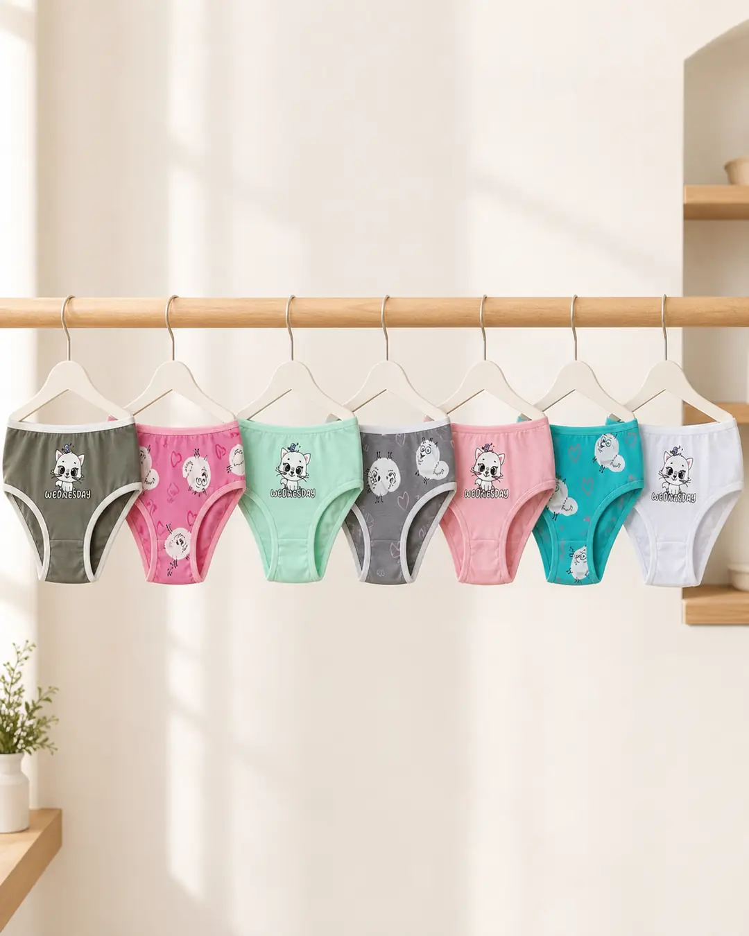 7'li Paket Kız Çocuk Sevimli Kedi Baskılı Renkli Pamuklu Külot Seti 5