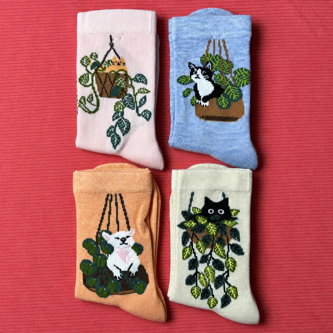 4'lü Set - Saksı ve Kedi Desenli Dikişsiz Çocuk Çorabı | Botanik Temalı Yumuşak Dokulu Eğlenceli Çorap 2
