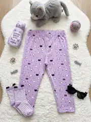 İncili Tekstil Kız Çocuk Lila Rengi Kedi Desenli Pamuklu Kapri 2