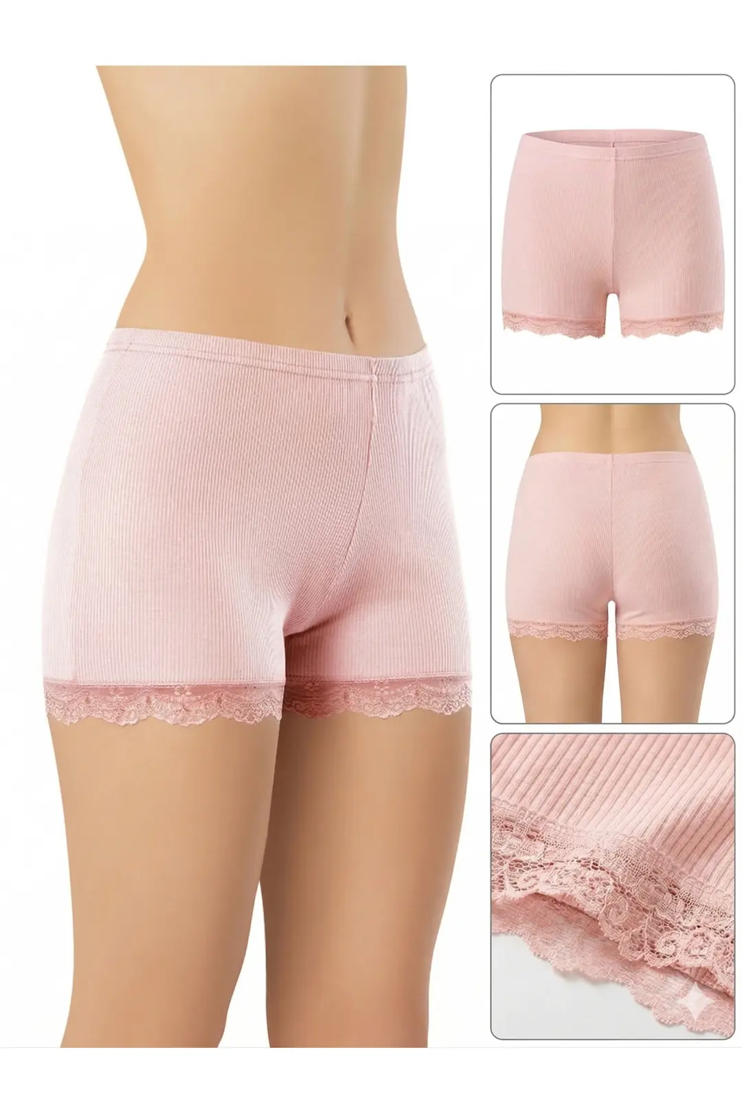 Kadın 3'lü Dantel Paçalı Fitilli Boxer Şort - Pamuklu Esnek Ribana Boxer (Çağla, Pudra, Ten) XL 3