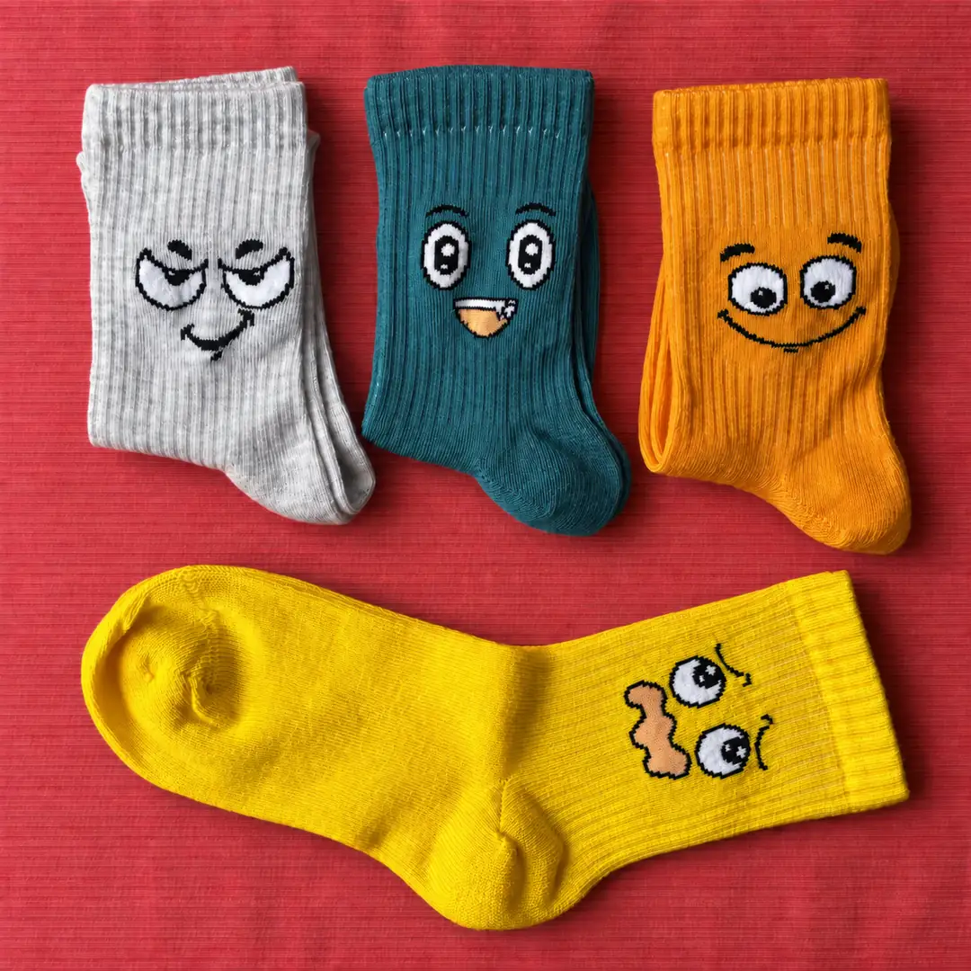 4'lü Set - Eğlenceli Yüz İfadeleri Desenli Dikişsiz Çocuk Çorabı | Renkli Emoji Figürlü Yumuşak Dokulu Çorap 2
